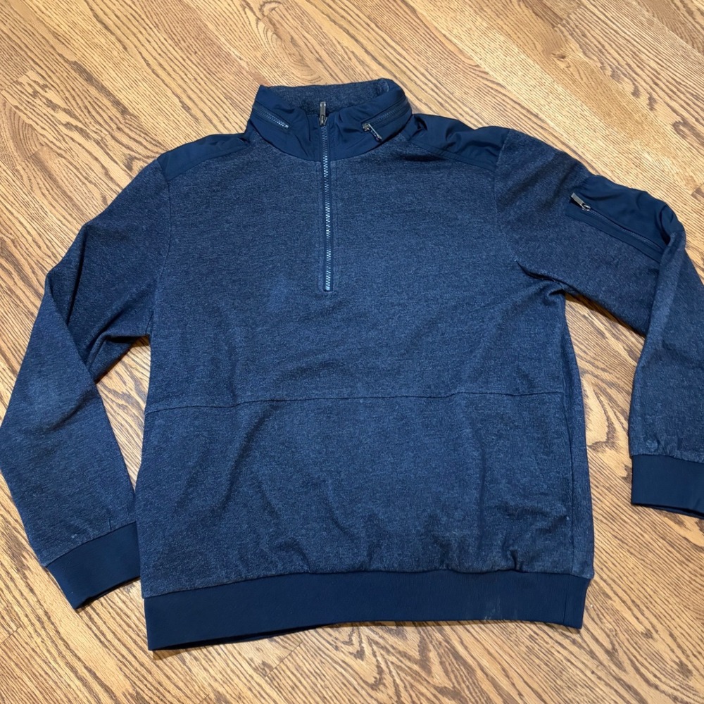 Bugatchi Quarter Zip Pullover Mens XL Navy Blue Excellent Mixed Media Knit Hood